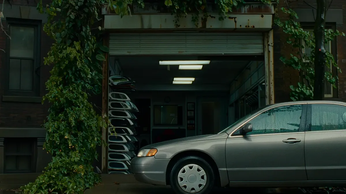 The open bay door of the Paulino Auto Glass shop in the Bronx, a rack of windshields inside and a car waiting at the kerb