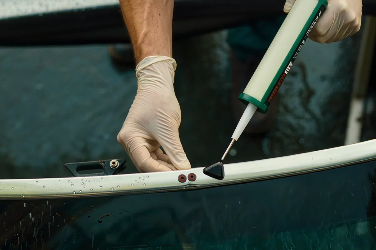 A gloved technician laying a fresh bead of black urethane along the edge of a windshield before it is set